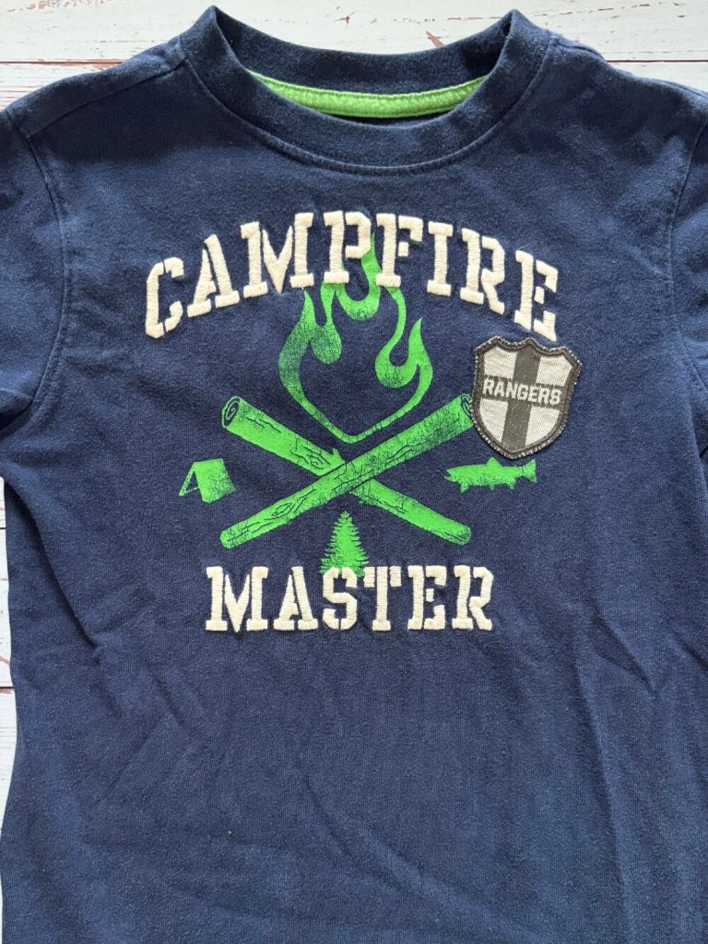 Gymboree Boys Size 5 “Campfire Master” Graphic T-Shirt Navy Blue